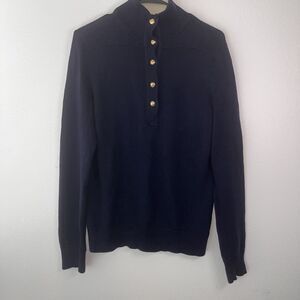 LRL Ralph Lauren Military Style Sweater L–Navy Blue Cotton Mock Neck Gold Button